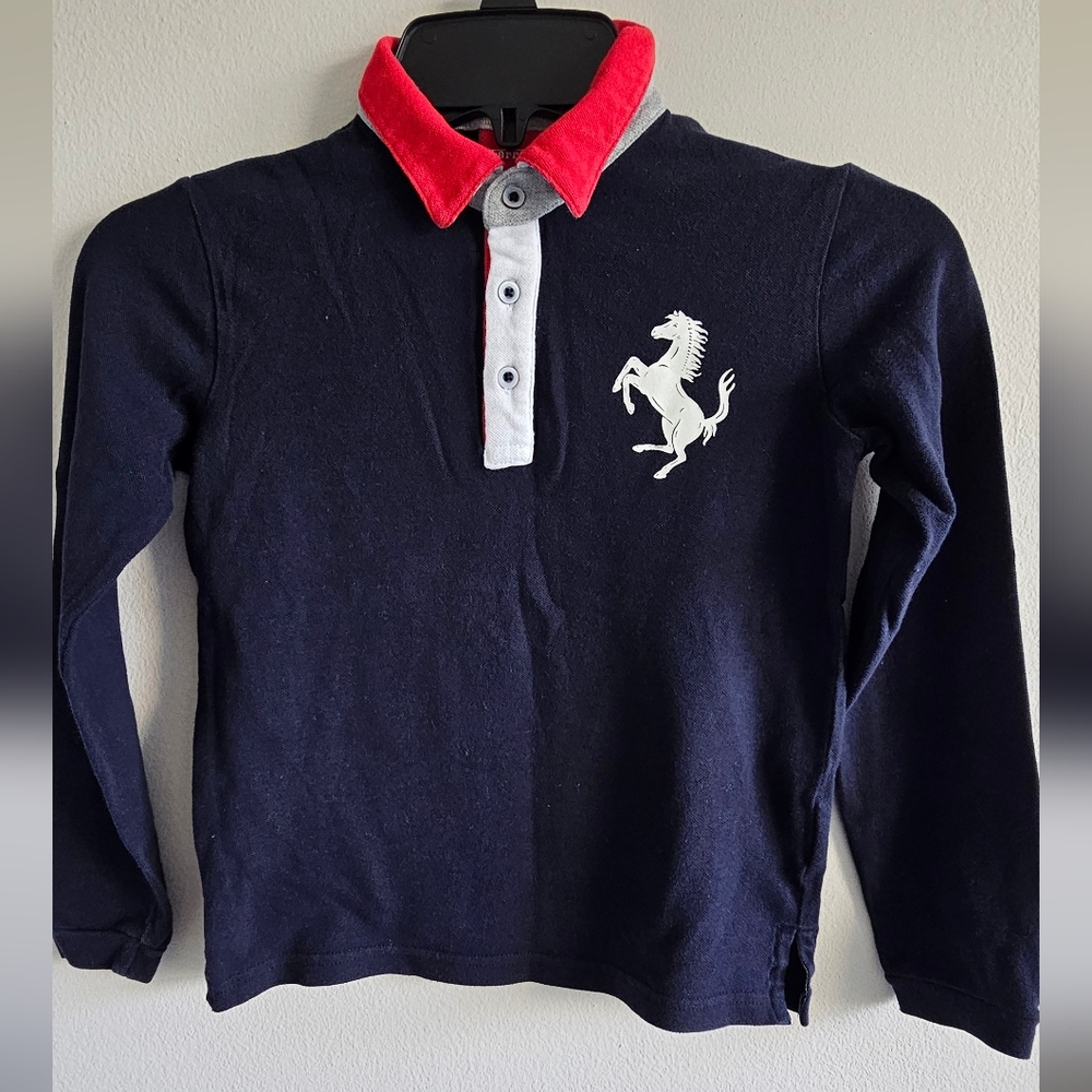 Ferrari Kids Navy Blue Long Sleeve Polo Shirt with Red Collar Size 6 95% Cotton